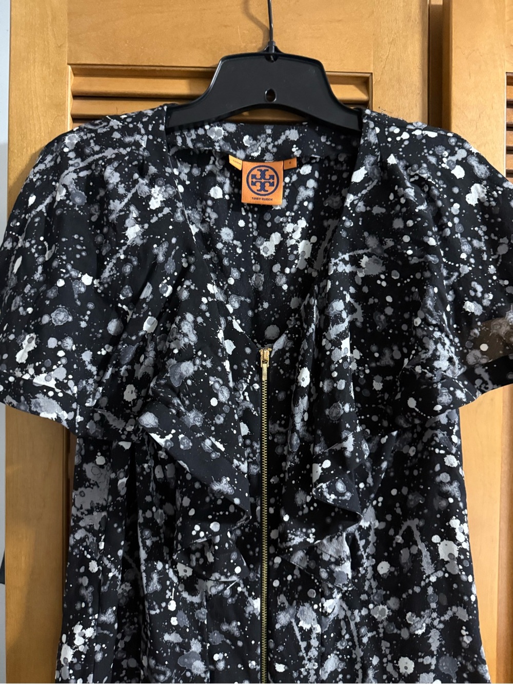 Tory Burch Black with White Splash Ruffle Zip Blazer